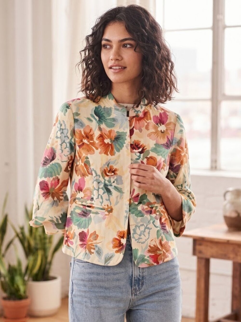 Vintage Coldwater Creek Embroidered Floral Linen Blazer Sz 12